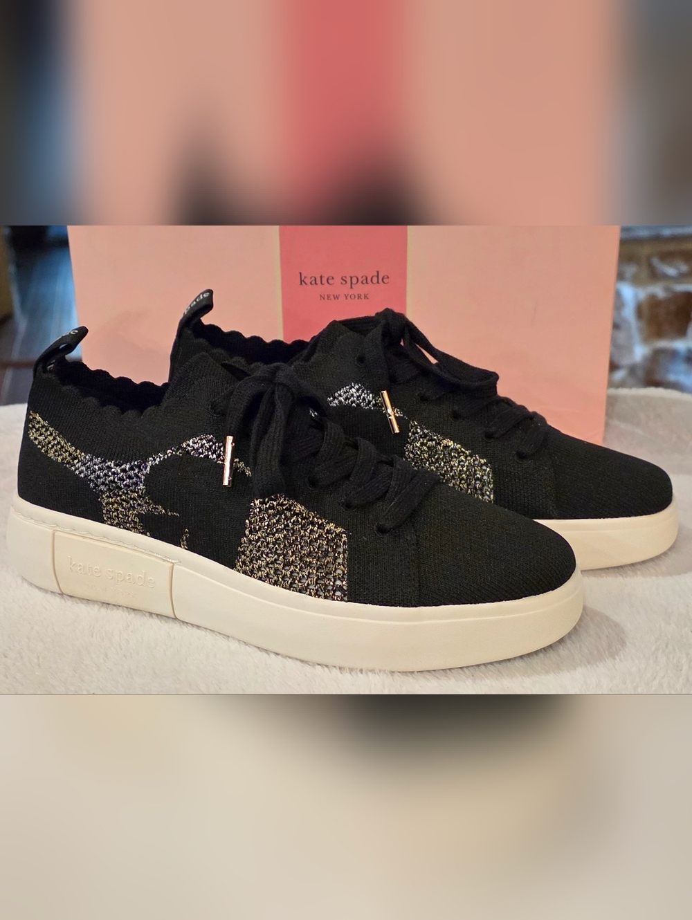 kate spade Black Knit Sneakers with Metallic Stitching. Size 7.5 And 9.